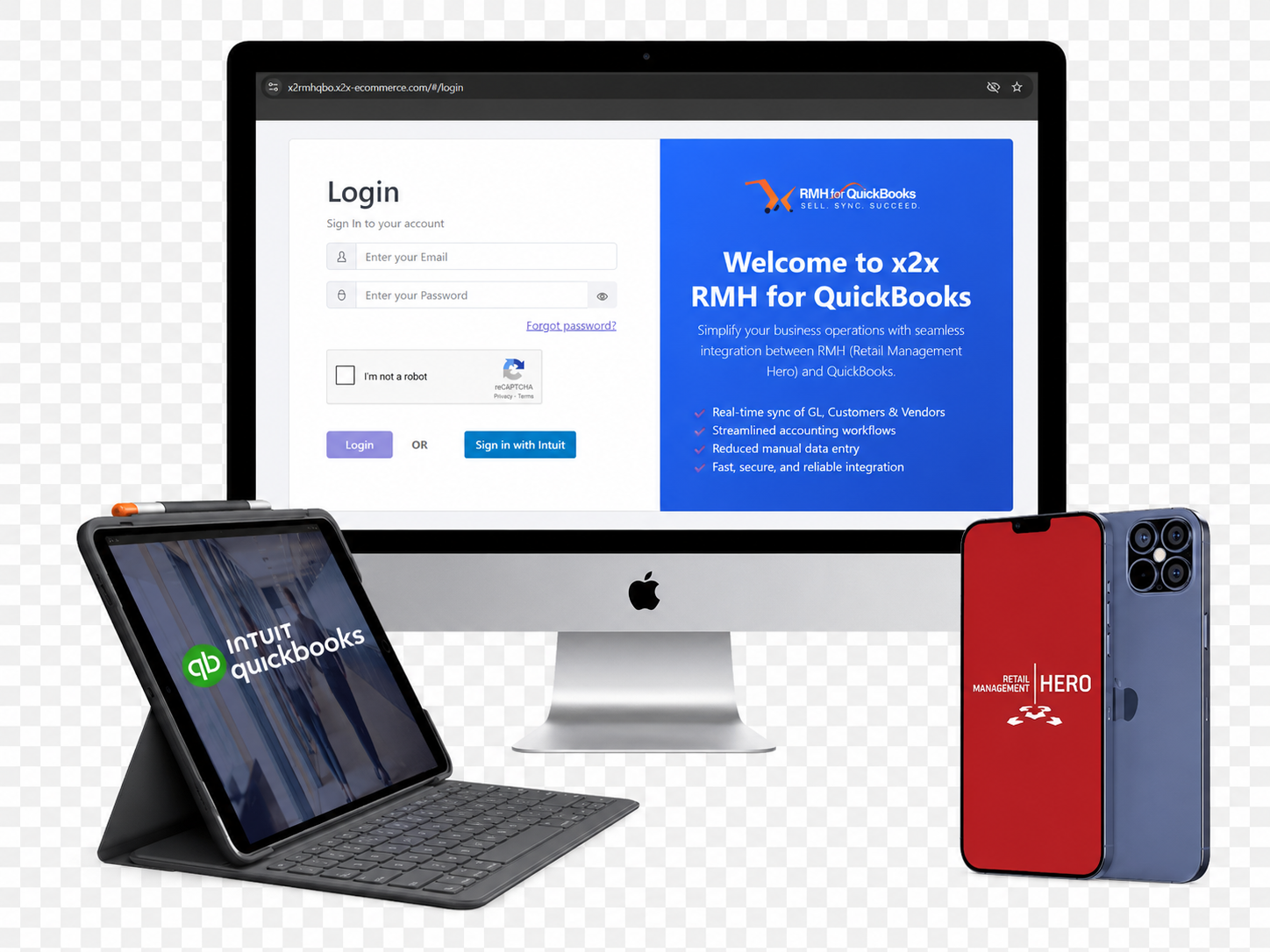 x2x RMH for QuickBooks integration software interface — QuickBooks Online sync dashboard